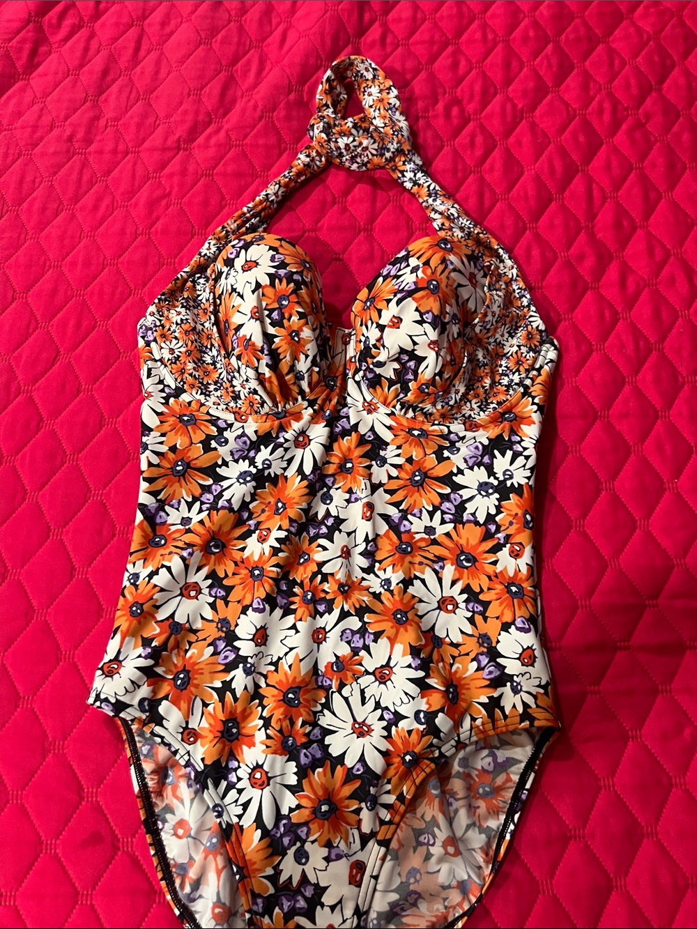 Figleaves Floral Halter One-Piece Swimsuit in Orange and White
